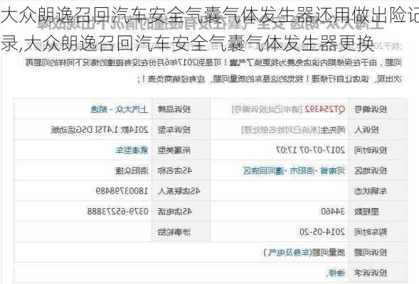 大众朗逸召回汽车安全气囊气体发生器还用做出险记录,大众朗逸召回汽车安全气囊气体发生器更换