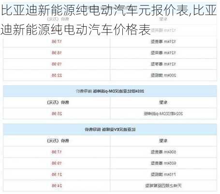 比亚迪新能源纯电动汽车元报价表,比亚迪新能源纯电动汽车价格表